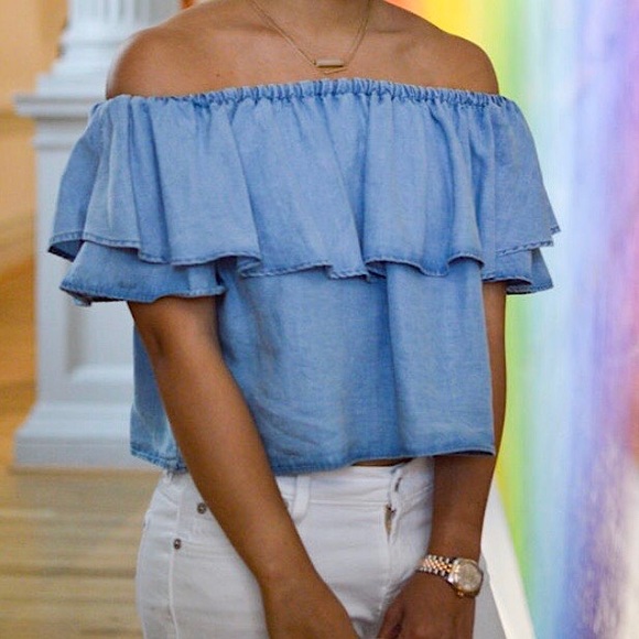 Zara Off the Shoulder Chambray Top Premium - Picture 1 of 4
